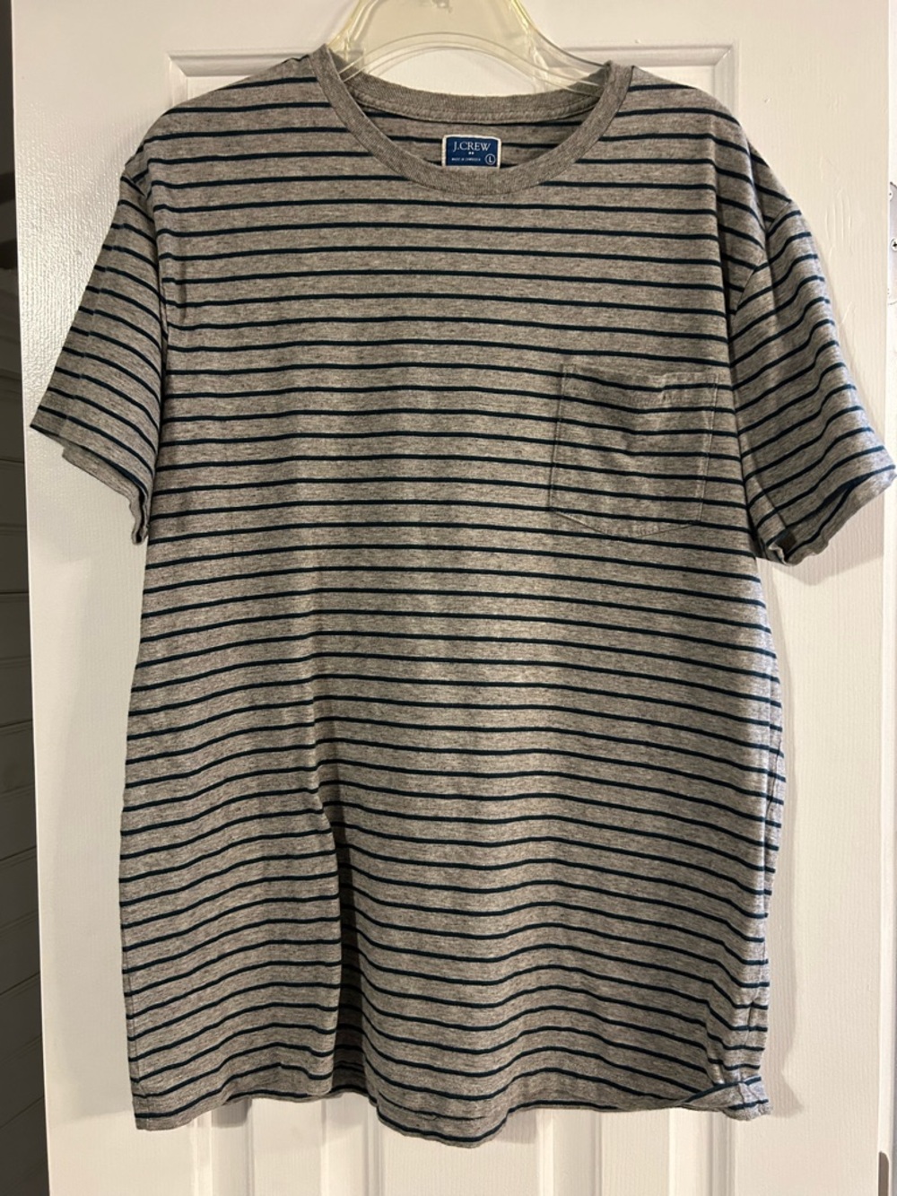 J. Crew Gray T-Shirt with Navy Stripes and Pocket